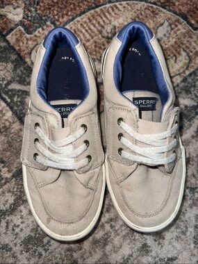 Sperry Kids Tan Canvas Boat Shoes with Navy Lining